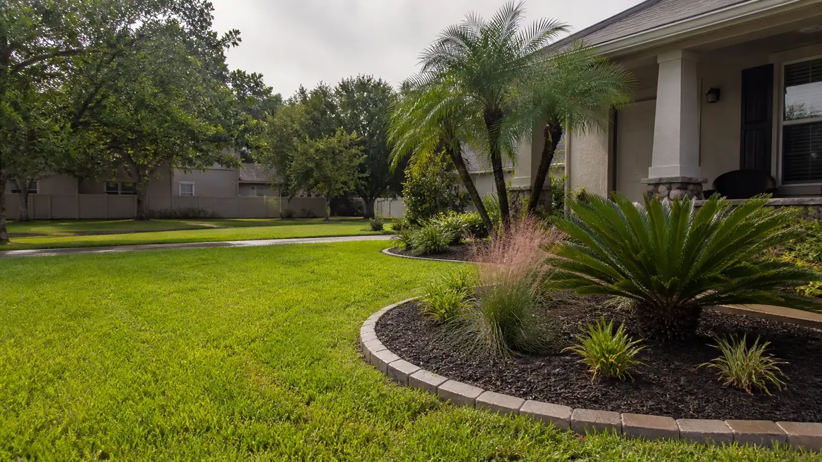 A curved paver-edged planting bed with palms and ornamental grasses beside a lawn