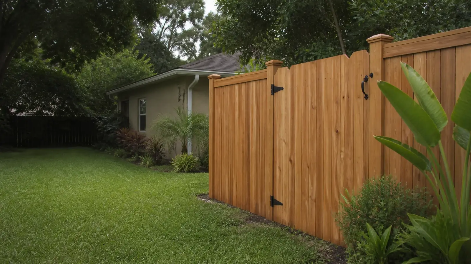 A new cedar fence and gate along a mown back lawn