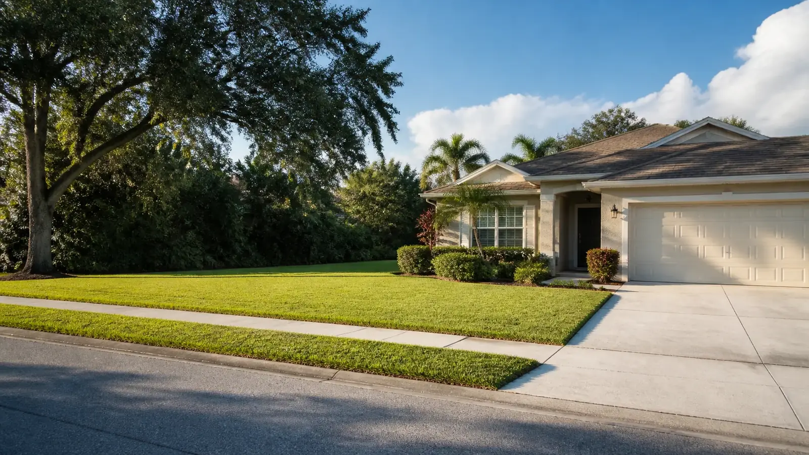 A mown Florida front lawn under a mature oak, with palms beside the house