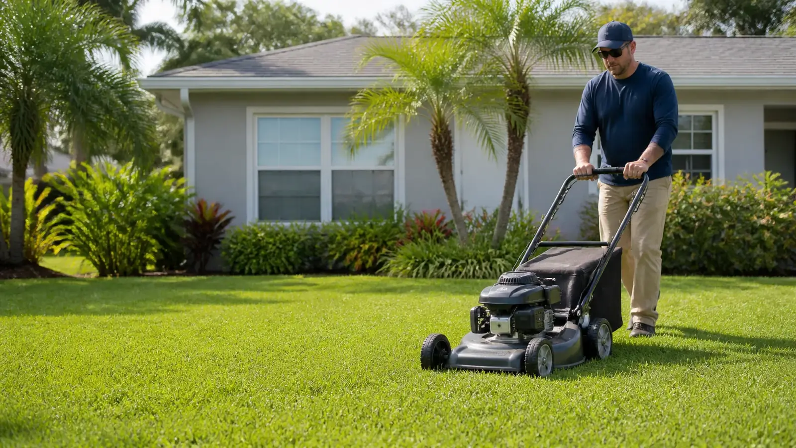 A lawn care worker mowing a Florida front lawn