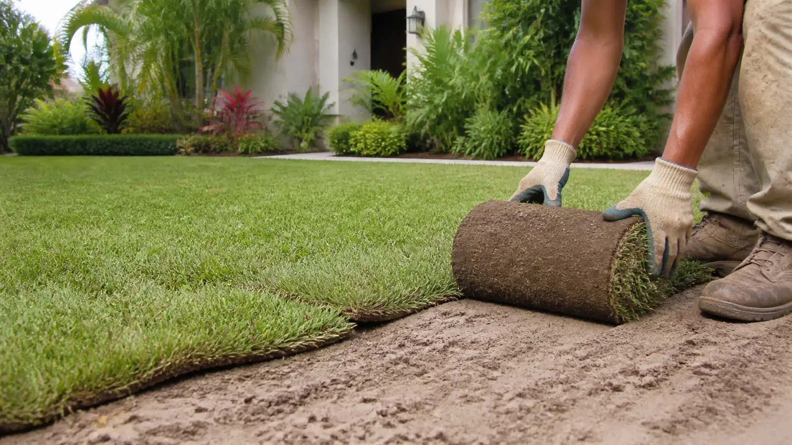 Fresh sod being rolled out across a prepared Florida front yard
