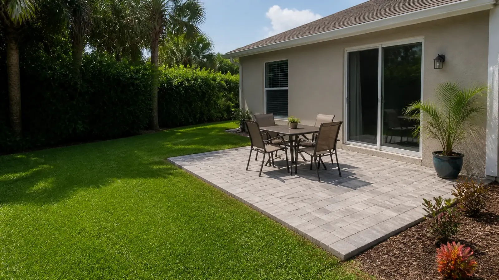 A paver patio with a table and chairs beside a clipped lawn and palms