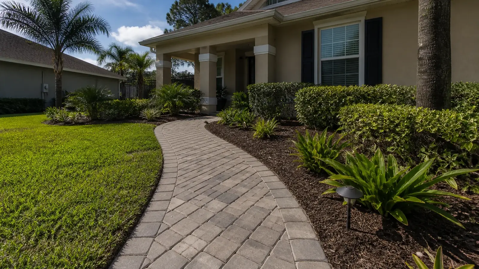 A curving paver walkway to a front door, with clipped hedges and mulched beds