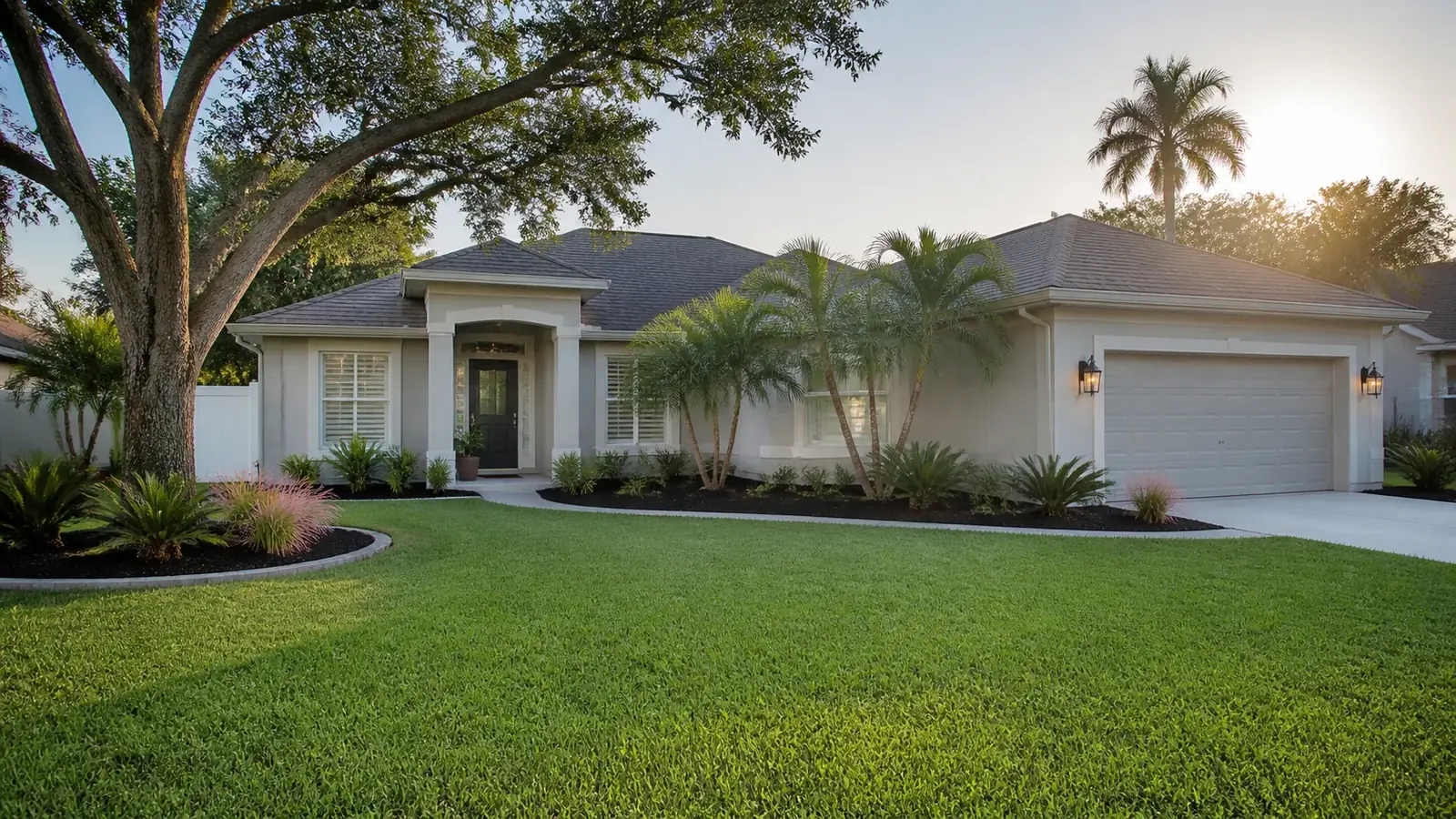 A Florida home at golden hour with new planting beds, palms and a full lawn
